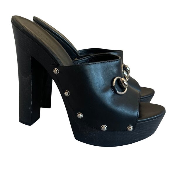 Gucci Betis Glamour Horsebit High Heel Clogs Sandals Stud Open-Toe Size 38.5 - Picture 1 of 15